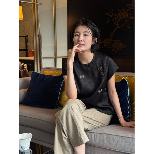 周浪清黑色新中式國風刺綉襯衫女款2025新款夏季薄款襯衣短袖上衣