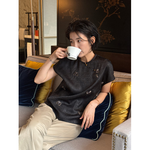 周浪清黑色新中式國風刺綉襯衫女款2025新款夏季薄款襯衣短袖上衣