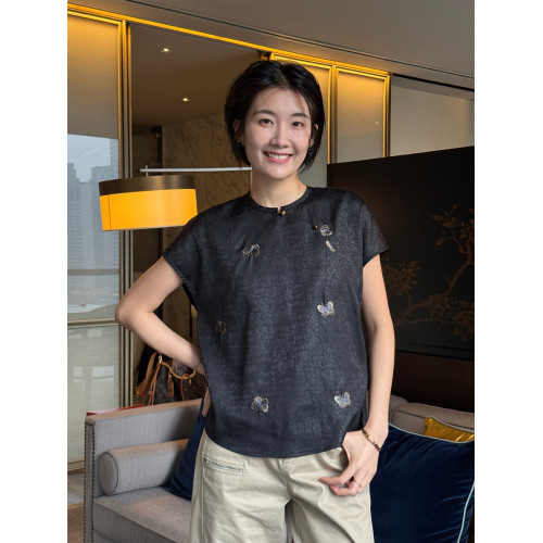 周浪清黑色新中式國風刺綉襯衫女款2025新款夏季薄款襯衣短袖上衣