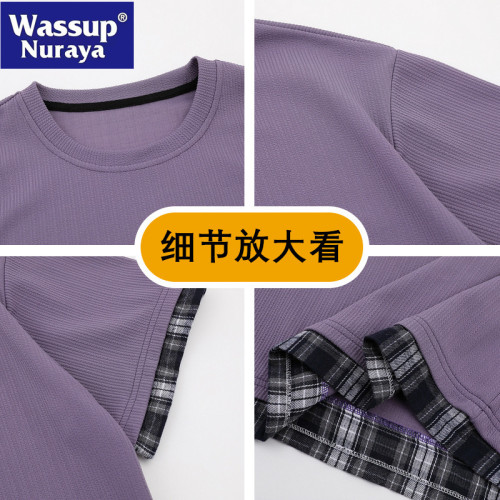 WASSUP NURAYA夏季假兩件格子短袖T恤男寬松休閒冰絲體恤上衣t恤
