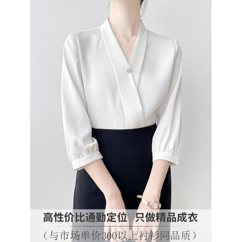 韓帛雅柔光緞面白色襯衫女夏通勤職業面試襯衣氣質七分袖V領上衣