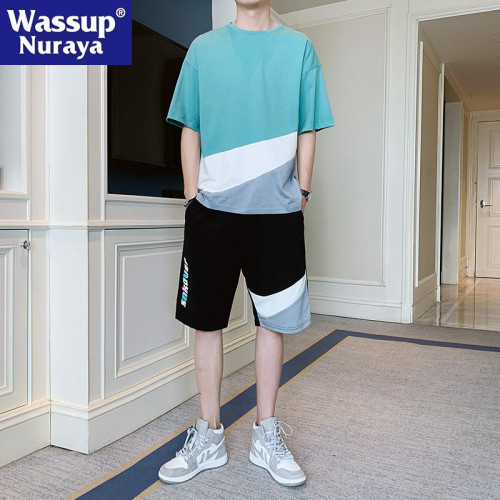WASSUP NURAYA短袖t恤男夏季百搭潮流休閒運動套裝寬鬆帥氣兩件套