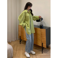 綠色法式設計感長款條紋防曬襯衫女2025春夏慵懶大碼長袖襯衣外套