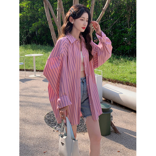 綠色法式設計感長款條紋防曬襯衫女2025春夏慵懶大碼長袖襯衣外套