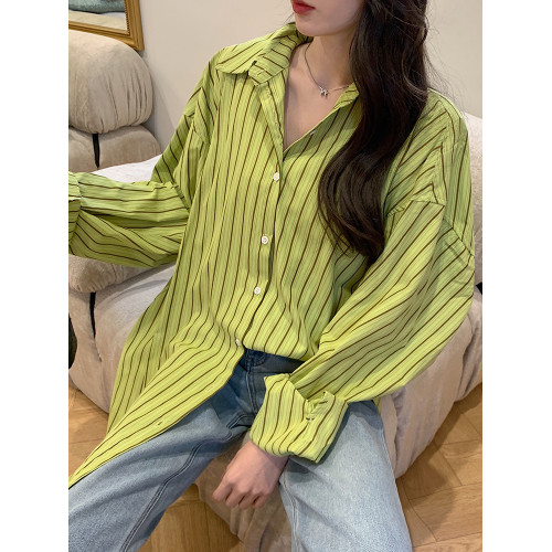 綠色法式設計感長款條紋防曬襯衫女2025春夏慵懶大碼長袖襯衣外套