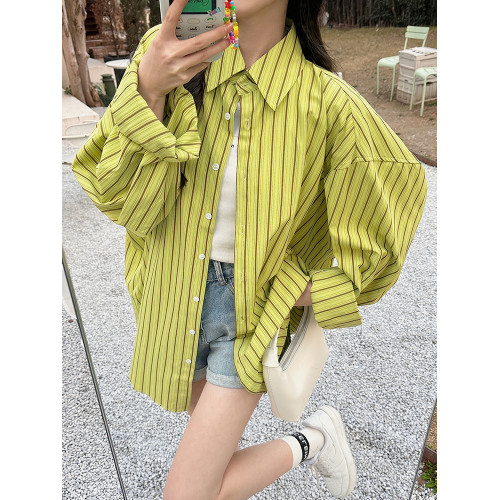 綠色法式設計感長款條紋防曬襯衫女2025春夏慵懶大碼長袖襯衣外套