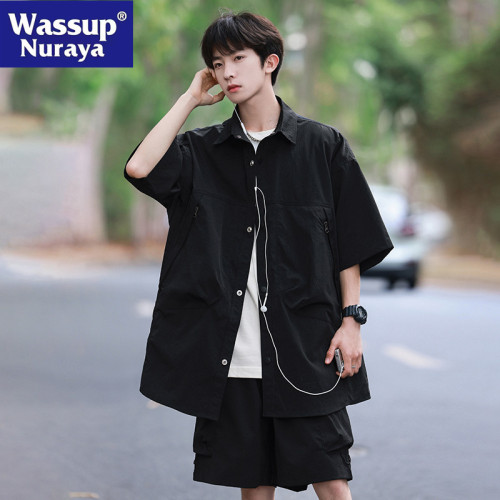 WASSUP NURAYA短袖襯衫套裝男士夏季新款休閒短褲百搭五分工裝褲