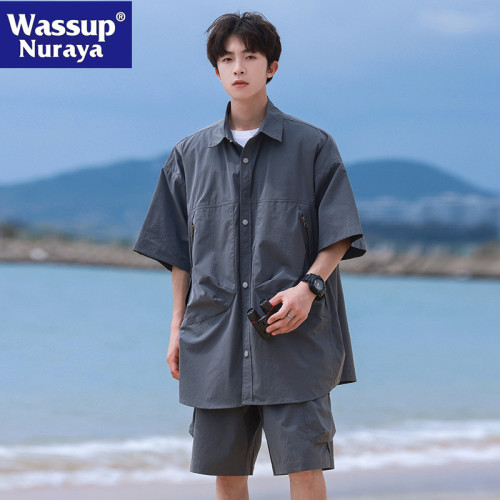 WASSUP NURAYA短袖襯衫套裝男士夏季新款休閒短褲百搭五分工裝褲