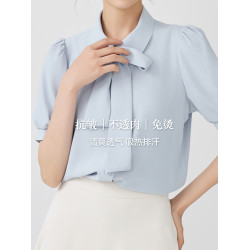 曼斯MANMISS職業藍色短袖襯衫女夏季法式教資面試套裝襯衣高級感