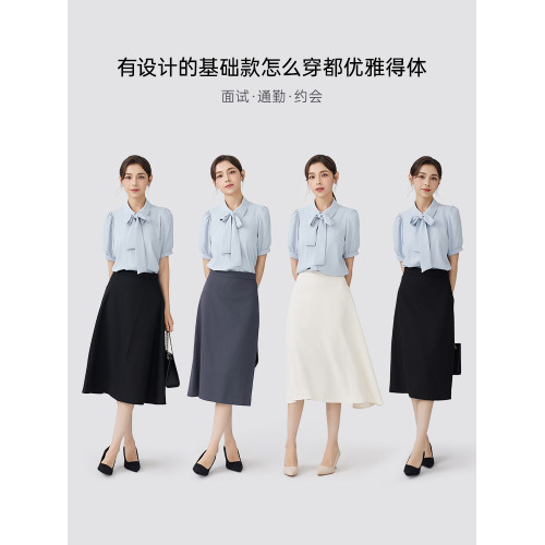 曼斯MANMISS職業藍色短袖襯衫女夏季法式教資面試套裝襯衣高級感