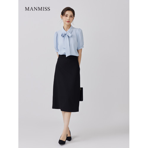 曼斯MANMISS職業藍色短袖襯衫女夏季法式教資面試套裝襯衣高級感