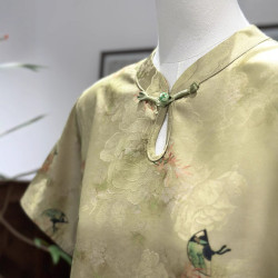 新中式綠色小飛袖襯衫上衣女夏季薄款改良唐裝國風日常仿真