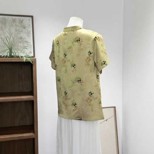 新中式綠色小飛袖襯衫上衣女夏季薄款改良唐裝國風日常仿真
