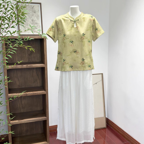 新中式綠色小飛袖襯衫上衣女夏季薄款改良唐裝國風日常仿真