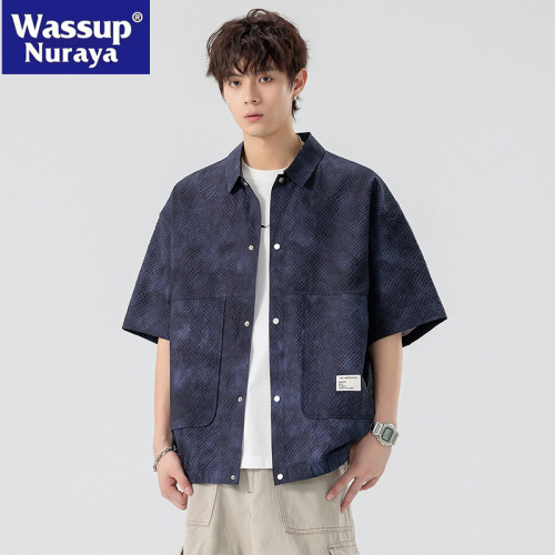 WASSUP NURAYA日系夏季冰絲短袖襯衫男加肥加大寬松休閒翻領襯衣