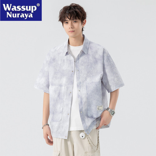 WASSUP NURAYA日系夏季冰絲短袖襯衫男加肥加大寬松休閒翻領襯衣