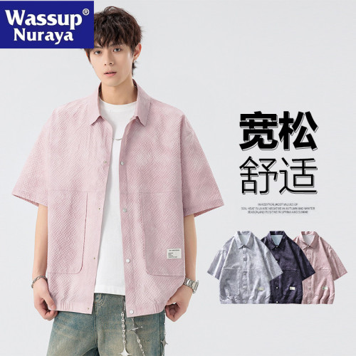 WASSUP NURAYA日系夏季冰絲短袖襯衫男加肥加大寬松休閒翻領襯衣