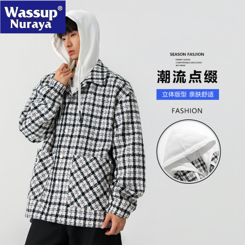 WASSUP NURAYA小香風格子連帽外套男春秋假兩件寬松休閒青年夾克