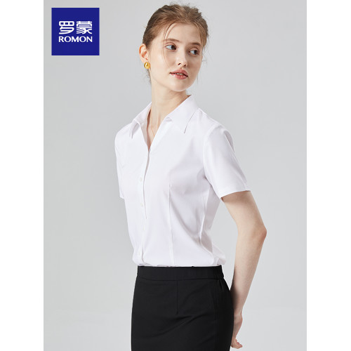 羅矇女士藍色V領短袖襯衫半裙職業套裝夏正裝面試工作服白色襯衣