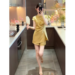 新中式國風女裝2025新款輕奢高級感獨特超好看金色襯衫短褲套裝夏