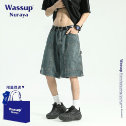 WASSUP NURAYA美式潮牌復古水洗牛仔褲男士夏季新款復古藍五分褲