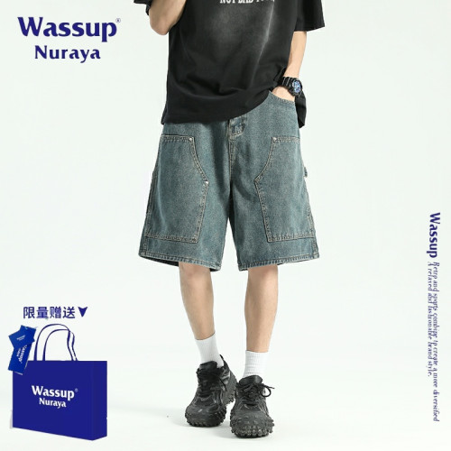 WASSUP NURAYA美式潮牌復古水洗牛仔褲男士夏季新款復古藍五分褲