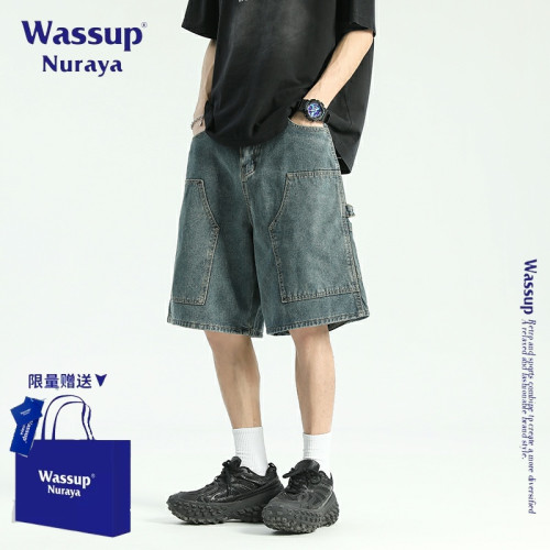 WASSUP NURAYA美式潮牌復古水洗牛仔褲男士夏季新款復古藍五分褲