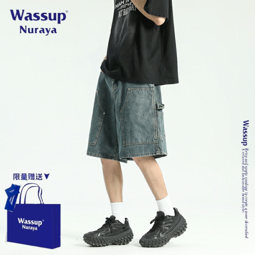 WASSUP NURAYA美式潮牌復古水洗牛仔褲男士夏季新款復古藍五分褲