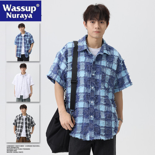 WASSUP NURAYA日系襯衫男小香風短袖高級感痞帥流蘇格子襯衣夏季