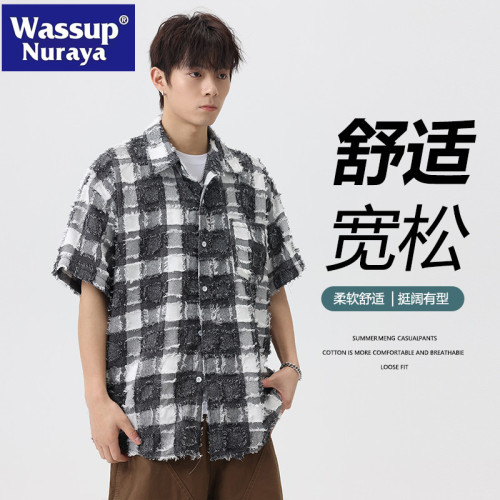 WASSUP NURAYA日系襯衫男小香風短袖高級感痞帥流蘇格子襯衣夏季