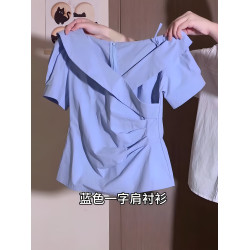法式藍色斜領露肩短袖襯衫女2025年夏季新款氣質褶皺收腰顯瘦襯衣