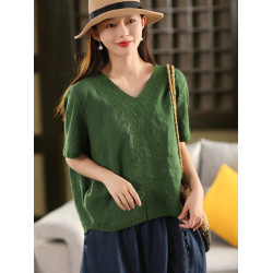 高貨牛魔王 100%漢麻重工刺綉襯衫女氣質V領短袖上衣綉花襯衣夏