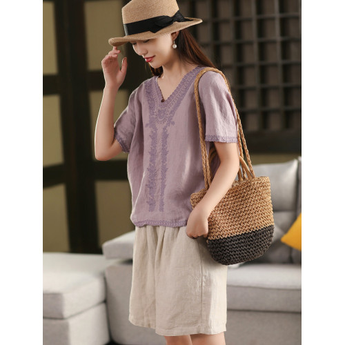 高貨牛魔王 100%漢麻重工刺綉襯衫女氣質V領短袖上衣綉花襯衣夏