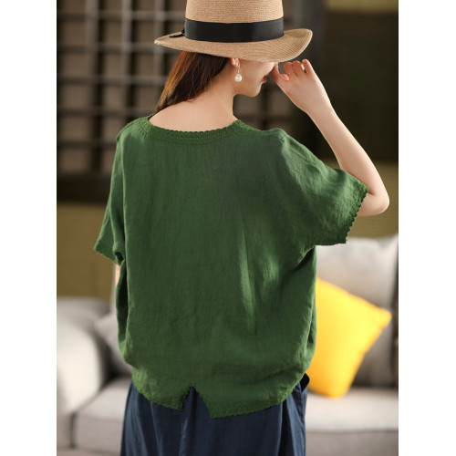 高貨牛魔王 100%漢麻重工刺綉襯衫女氣質V領短袖上衣綉花襯衣夏