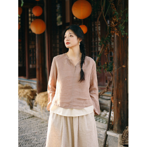 綻放522朵[黑白灰系列·普通美]酵素洗漢麻顯瘦防曬亞麻襯衫上衣