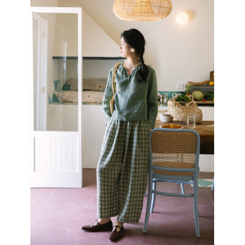 綻放522朵[黑白灰系列·普通美]酵素洗漢麻顯瘦防曬亞麻襯衫上衣