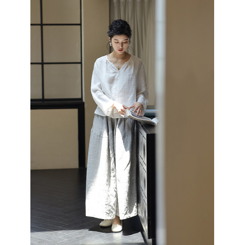 綻放522朵[黑白灰系列·普通美]酵素洗漢麻顯瘦防曬亞麻襯衫上衣