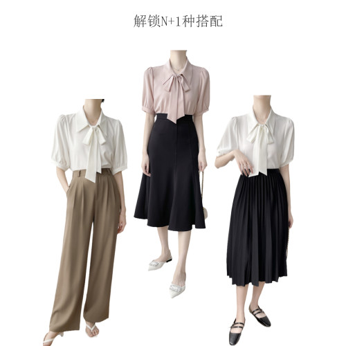 韓帛雅粉色雪紡短袖襯衫女夏季職業面試ol通勤氣質蝴蝶結飄帶上衣