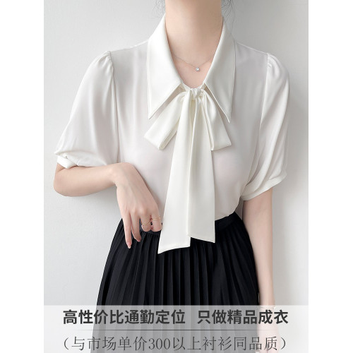 韓帛雅粉色雪紡短袖襯衫女夏季職業面試ol通勤氣質蝴蝶結飄帶上衣