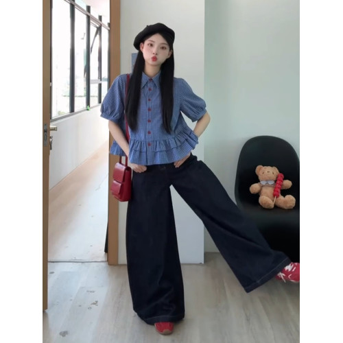 法式甜美荷葉邊藍色格紋短袖襯衫女夏季新款小衆設計感百搭短襯衣