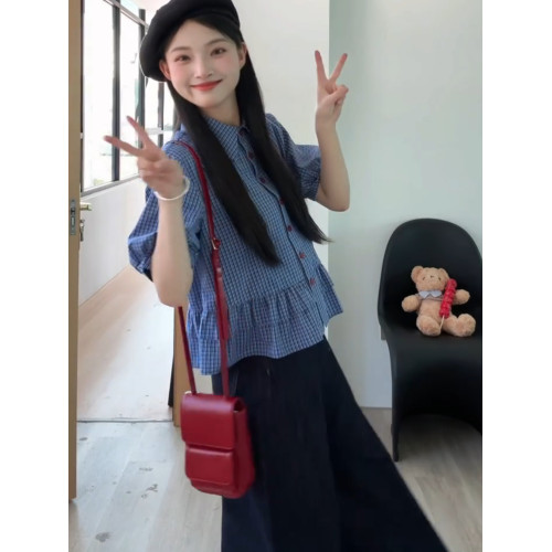 法式甜美荷葉邊藍色格紋短袖襯衫女夏季新款小衆設計感百搭短襯衣