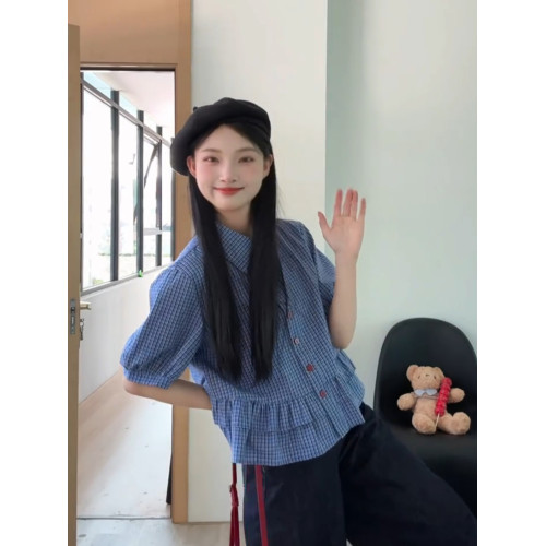 法式甜美荷葉邊藍色格紋短袖襯衫女夏季新款小衆設計感百搭短襯衣
