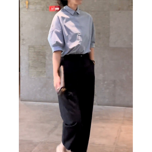 POLO領短袖襯衫女夏季2025新款設計感小衆輕熟風九分休閒褲兩件套