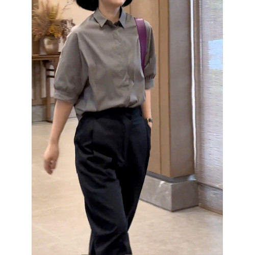 POLO領短袖襯衫女夏季2025新款設計感小衆輕熟風九分休閒褲兩件套