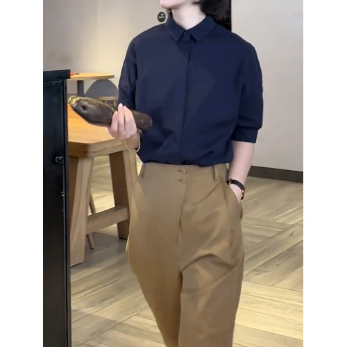 POLO領短袖襯衫女夏季2025新款設計感小衆輕熟風九分休閒褲兩件套