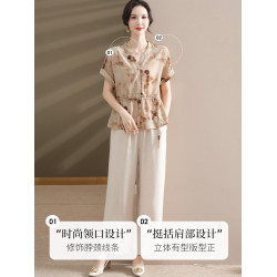 2025新款中年媽媽夏裝套裝雪紡小衫中老年女裝短袖襯衫兩件套