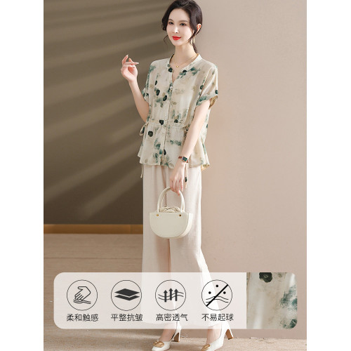 2025新款中年媽媽夏裝套裝雪紡小衫中老年女裝短袖襯衫兩件套