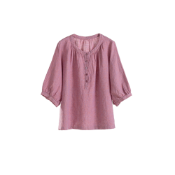 綻放176朵/高級質感色織亞麻寬鬆文藝襯衫半開門襟旅遊穿搭上衣女