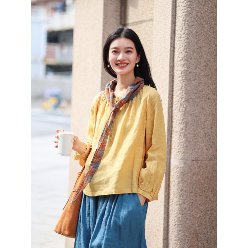 綻放176朵/高級質感色織亞麻寬鬆文藝襯衫半開門襟旅遊穿搭上衣女