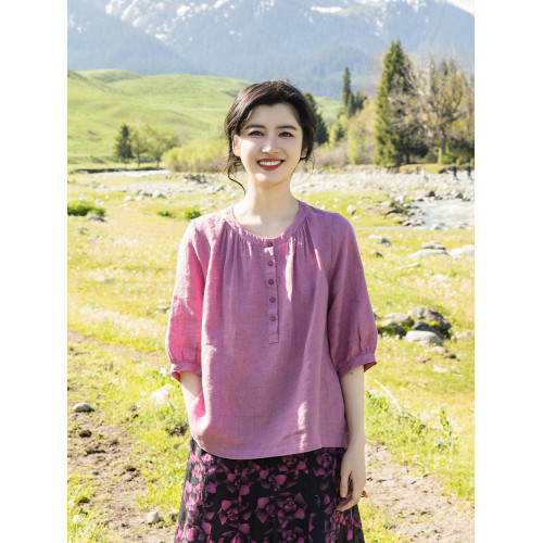 綻放176朵/高級質感色織亞麻寬鬆文藝襯衫半開門襟旅遊穿搭上衣女